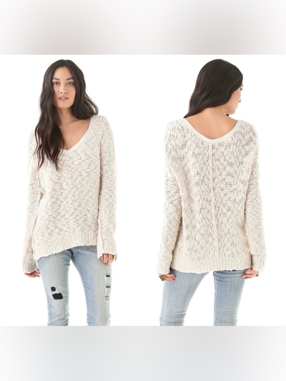 Free People Cream Songbird Knit V Neck Sweater Size Small